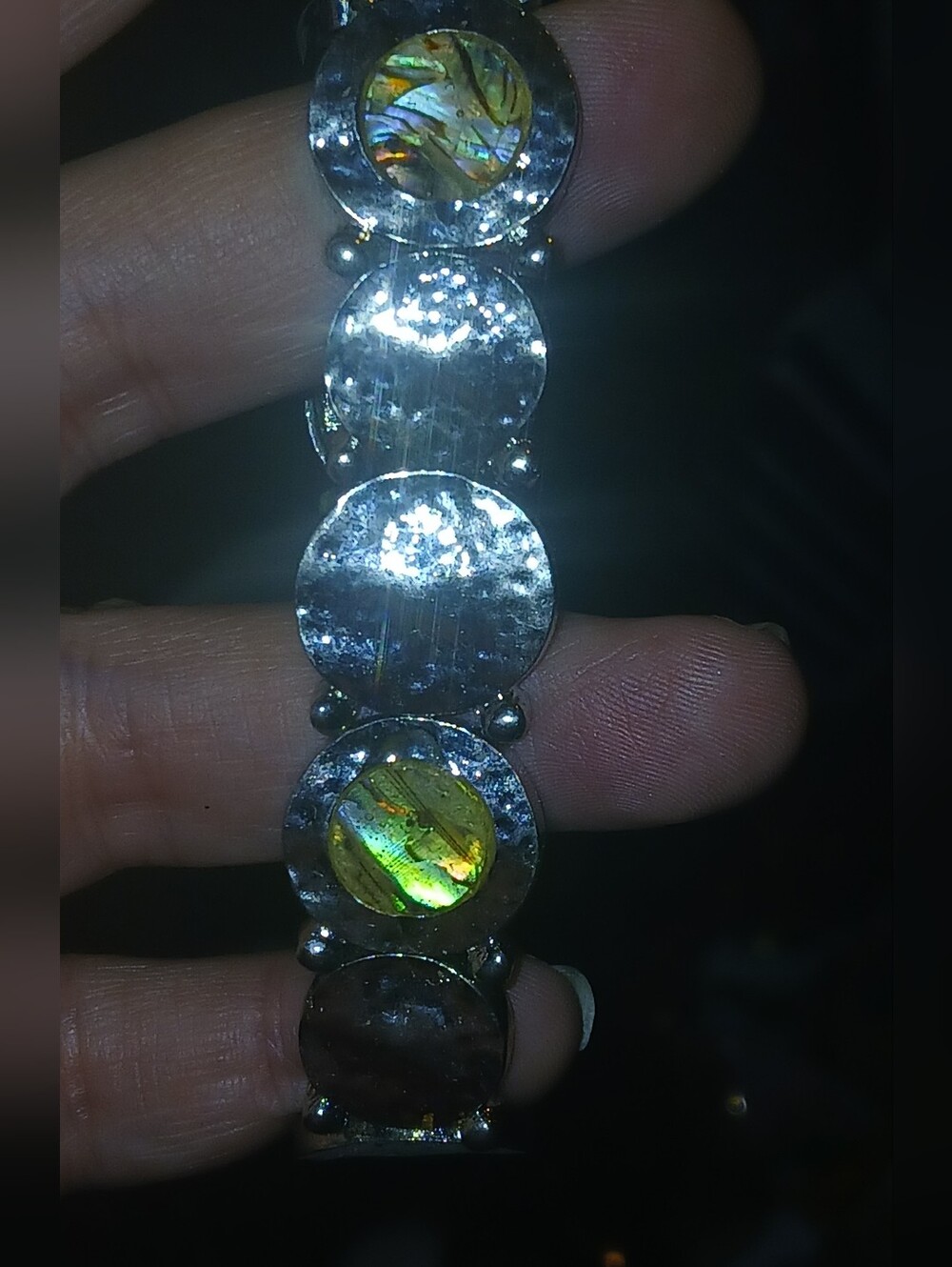 Silver-Tone Bracelet with Iridescent Green Accent Discs